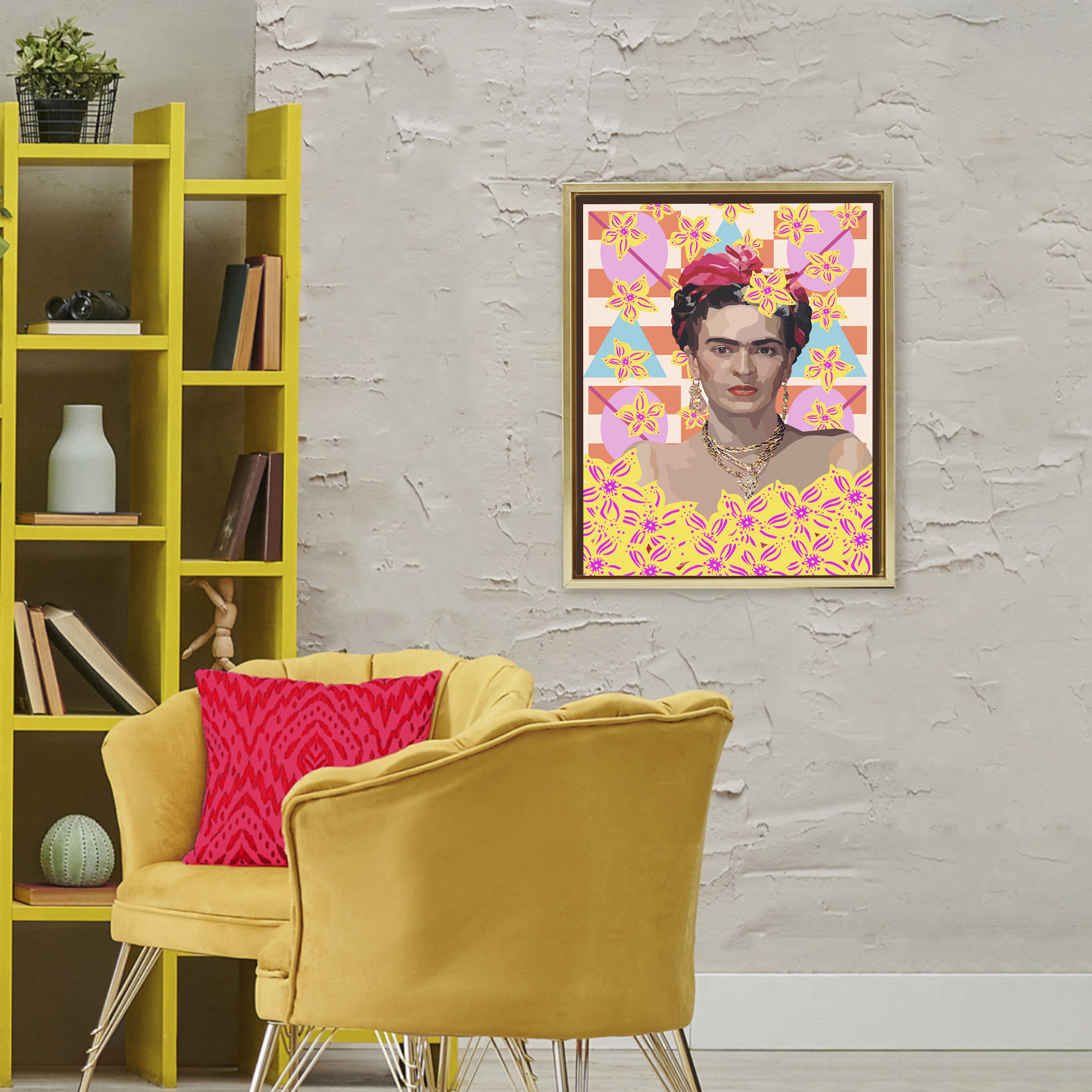 Frida's Floral Journey Gold Framed Floater Canvas Wall Art, design by Lynnda Rakos