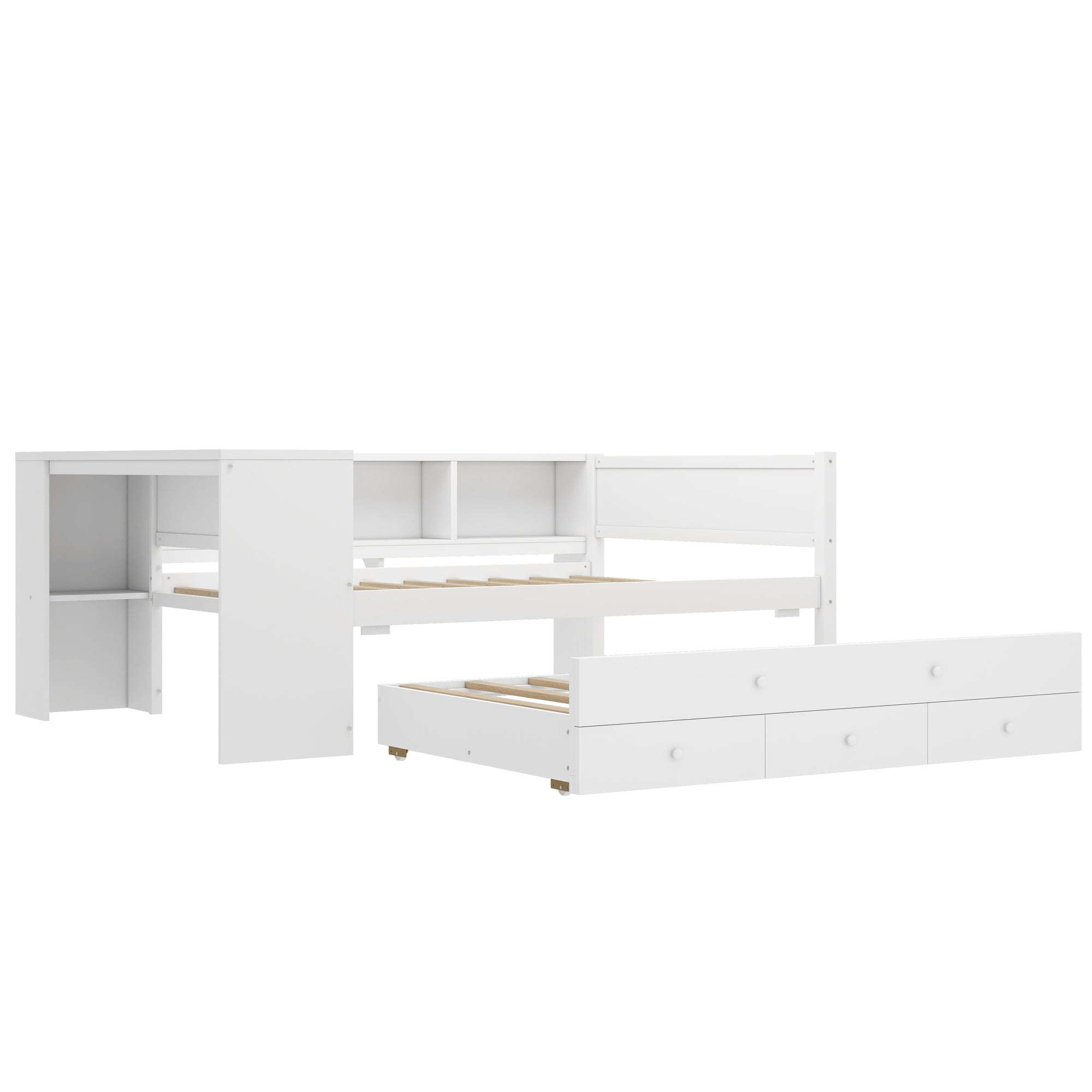 Mintazer Full Wood Platform Bed with Desk & Trundle, Multifunctional Storage Daybed with 5 Side Shelves & 3 Drawers for Bedrooms Guest Rooms for Teens Kids, White