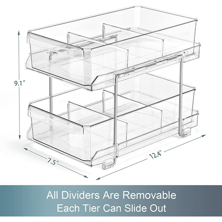 SUNYOK 2 Tier Clear Organizer with Dividers, Multi-Purpose Slide-Out Storage  Container, for Bathroom Kitchen Pantry Storage, Medicine Cabinet Organizer  