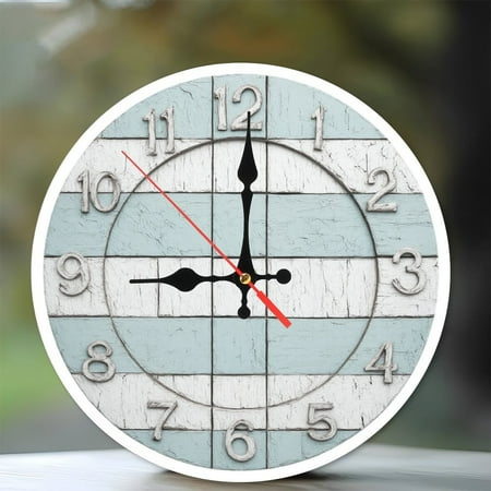 10-Inch Silent Wooden Wall Clock, Rustic Farmhouse Style Wall Clock Distressed White Blue Grain Silent Non-Ticking Clock, Battery Operated (AA Batteries Not Included), Artistic Home Decor
