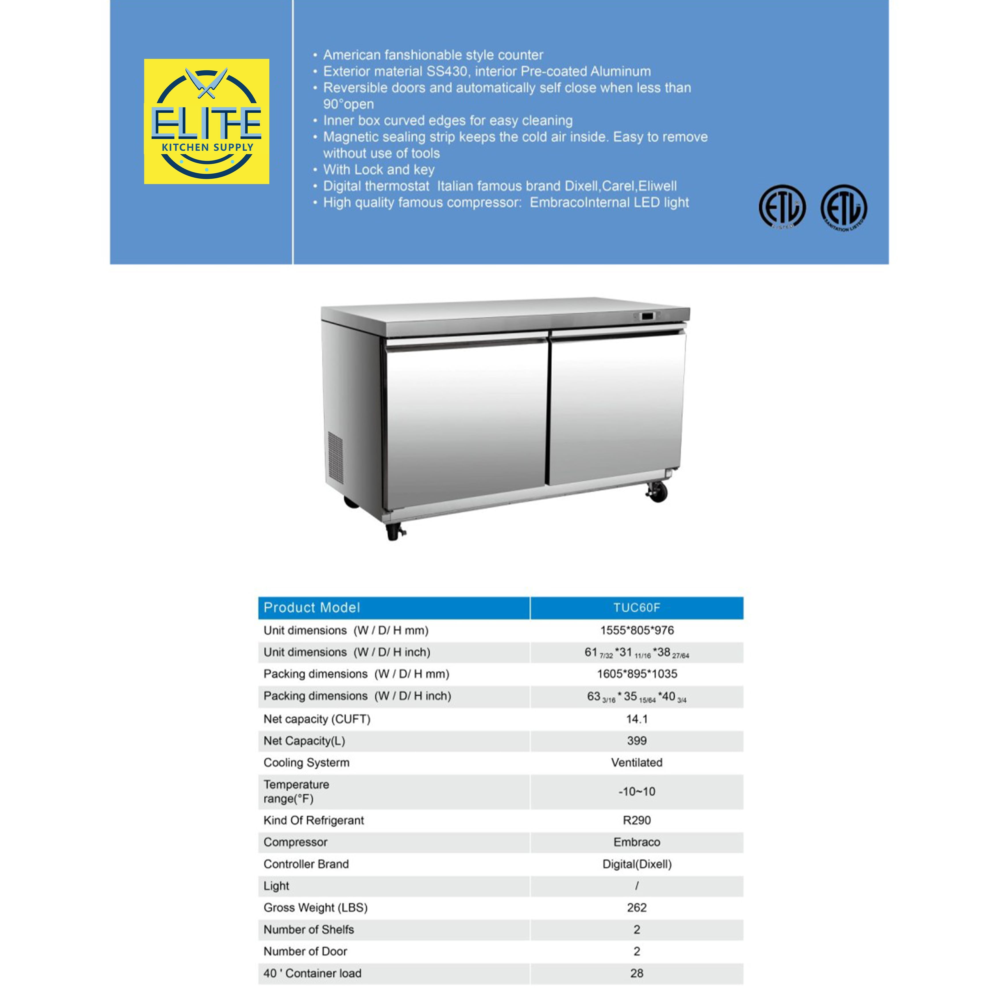 NSF 61 in. Undercounter Freezer, Energy Saving 15.5 Cu.Ft. Digital Display, Two Door Commercial Freezer Under Counter Freezer Stainless Steel