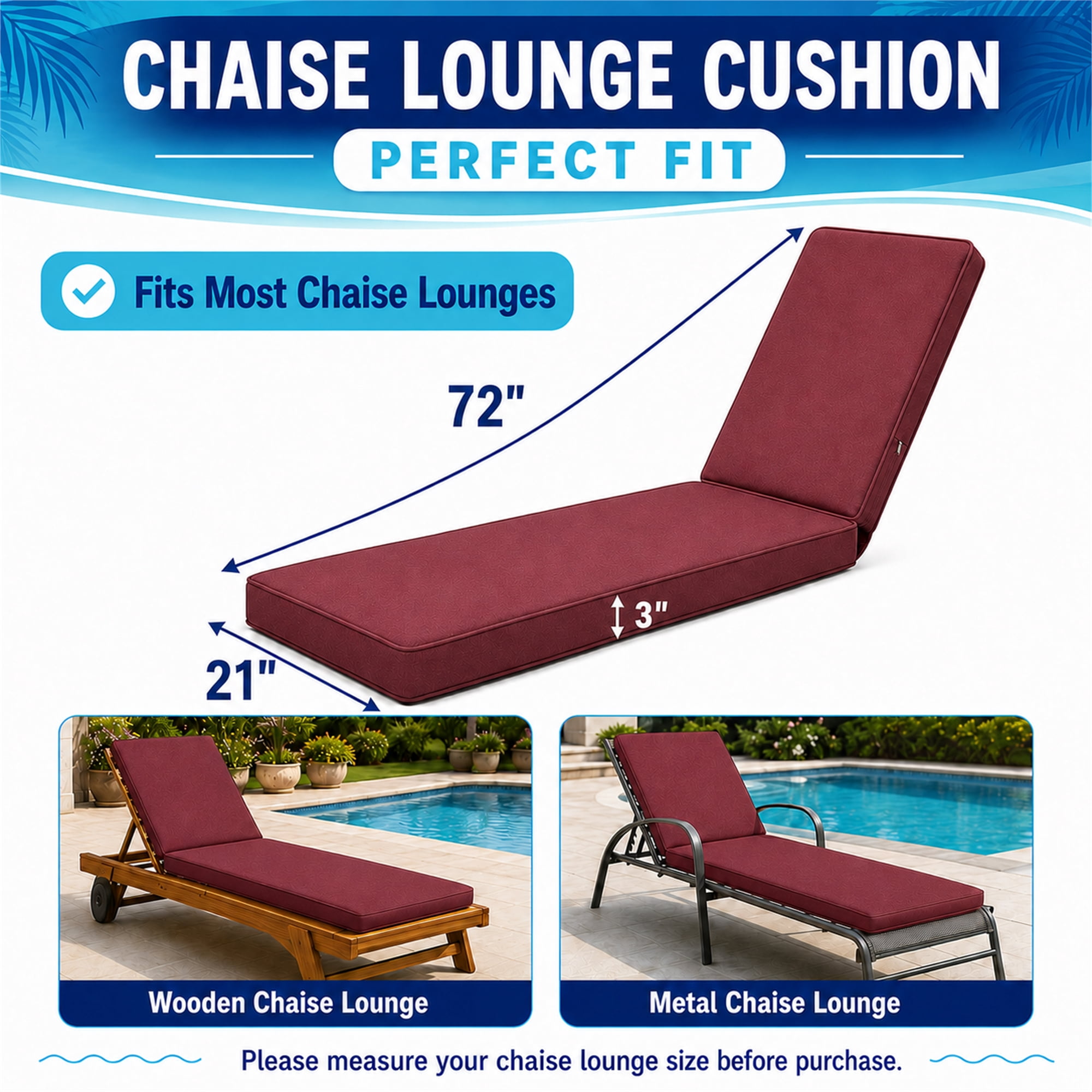 Millsilo Outdoor Chaise Lounge Cushion, 72" x 21" x 3" Patio Lounge Chair Cushion, Water-Resistant UV-Protected Replacement Cushion with High Density Foam, Burgundy