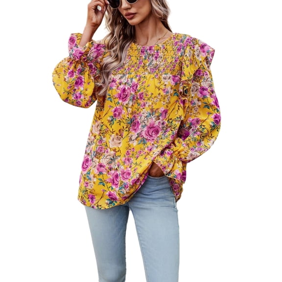 Floral Round Neck Ruffle Shoulder Shirred Detail Blouse for Women Yellow Small