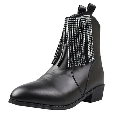 

GHSOHS Tassel Rhinestone Ankle Boots for Women Fashion Pointed Toe Mid Heeled Leather Black Boots Large Size Comfort Chelsea Boots