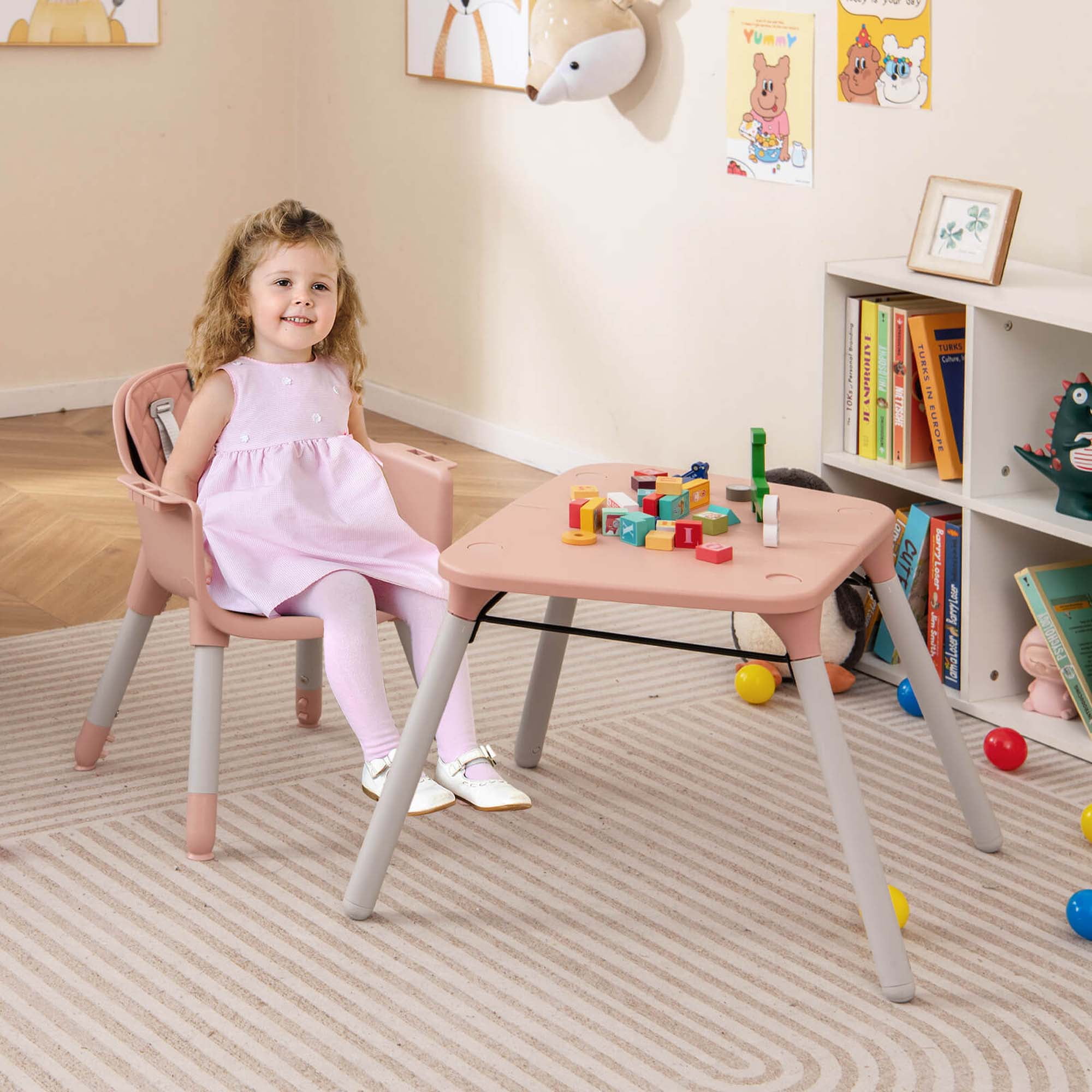 Babyjoy 4 in 1 Baby High Chair Convertible Toddler Table Chair Set with PU Cushion Pink