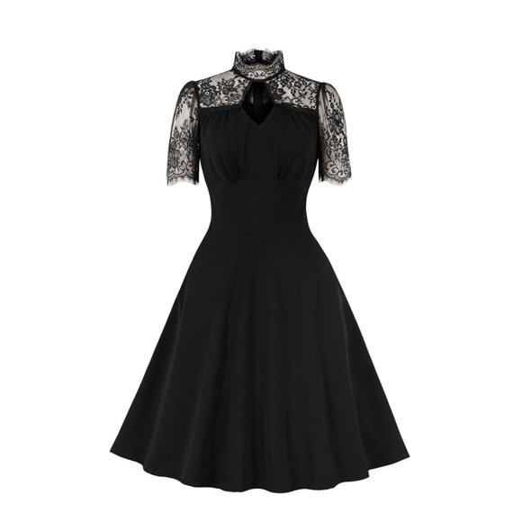 Womens Black Dress Shirt Womens Round Neck Lace Retro Little Black Dress Solid Color Short Sleeves High Waist Formal Dress Long Black Lace Dress Little Black Dress Black Lace Dress