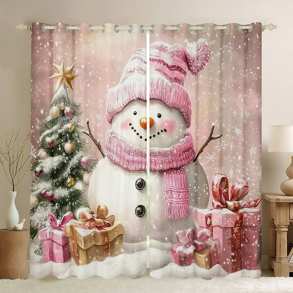 Manfei Cartoon Christmas Snowman Black Out Curtains,Merry Xmas Curtains Pack of 2 (42x63 Each),Pink Gold Green Bedroom Curtains For Girl Boys Kids,Super Cozy Room Decor