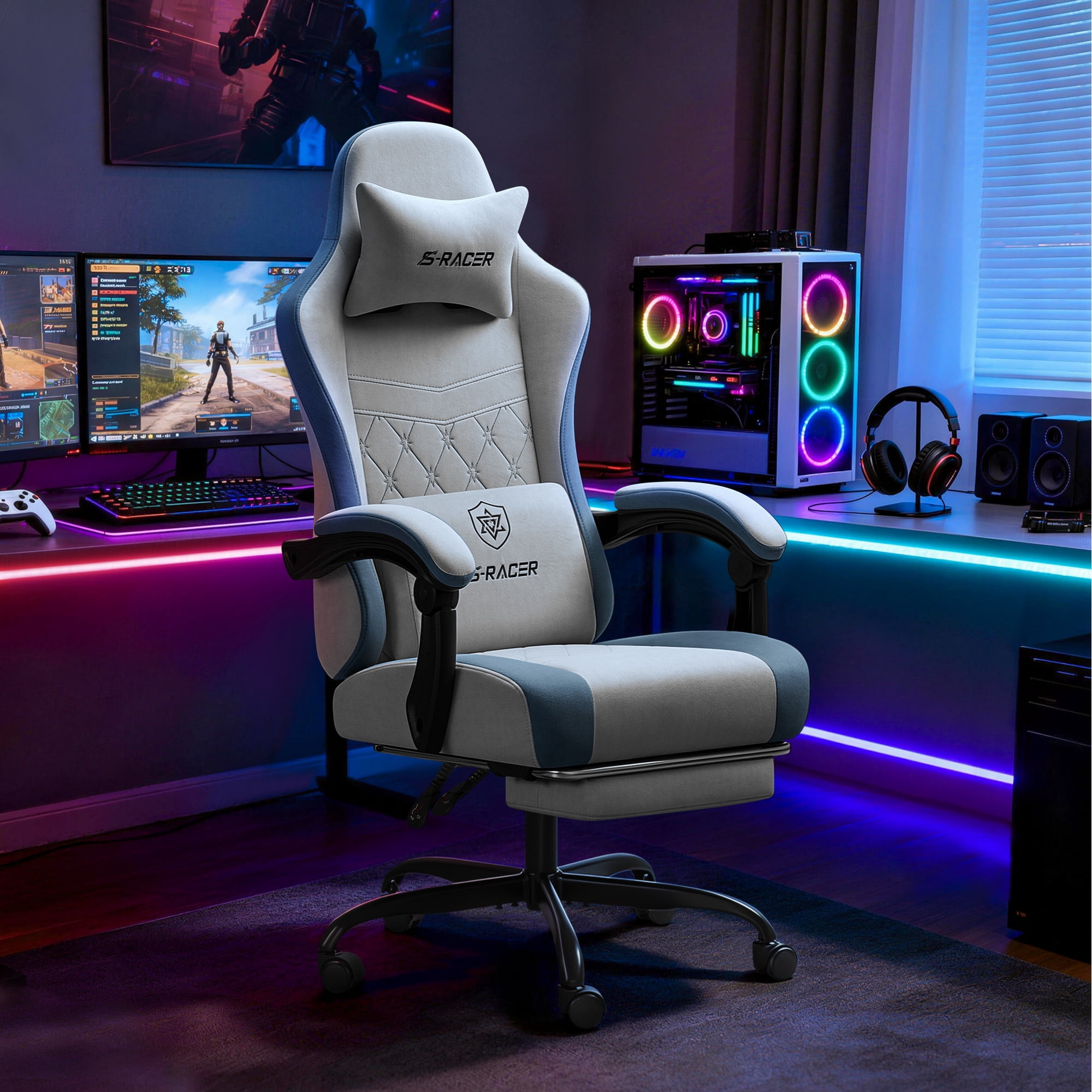 Homall Reclining Gaming Chair Premium Technical Fabric Massage Video Game Chair with Headrest, Lumber Support and Footrest, Gray
