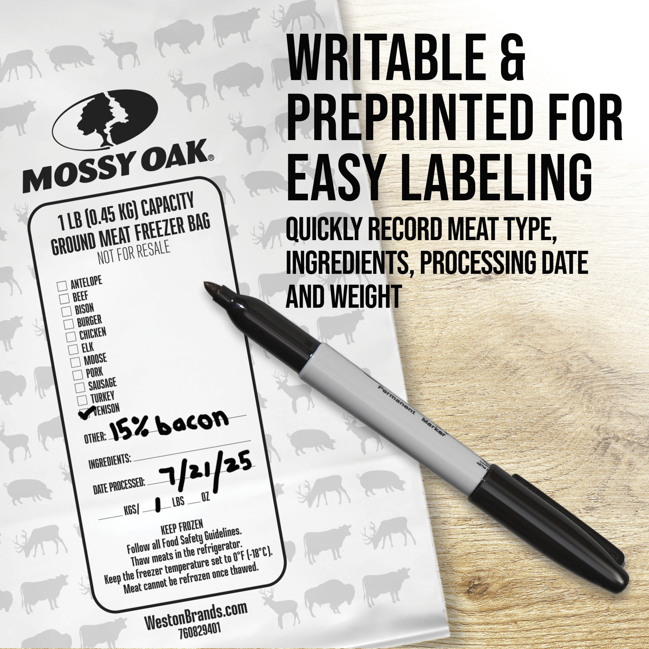 Mossy Oak Ground Meat Freezer Storage Bags, 1 lb Size, 50 Count, 55 Ties, Write On
