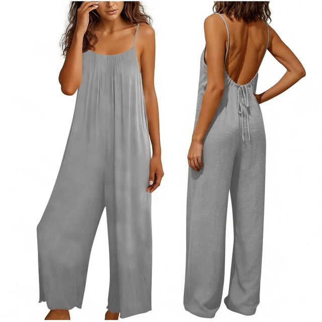 TaTaai Women Fashion Solid Color Backless Cami Jumpsuit Long Cotton Linen Casual Wear Ladies Fitness Daily Lounge Wear Breathable No Fading Versatile Outfit Gift