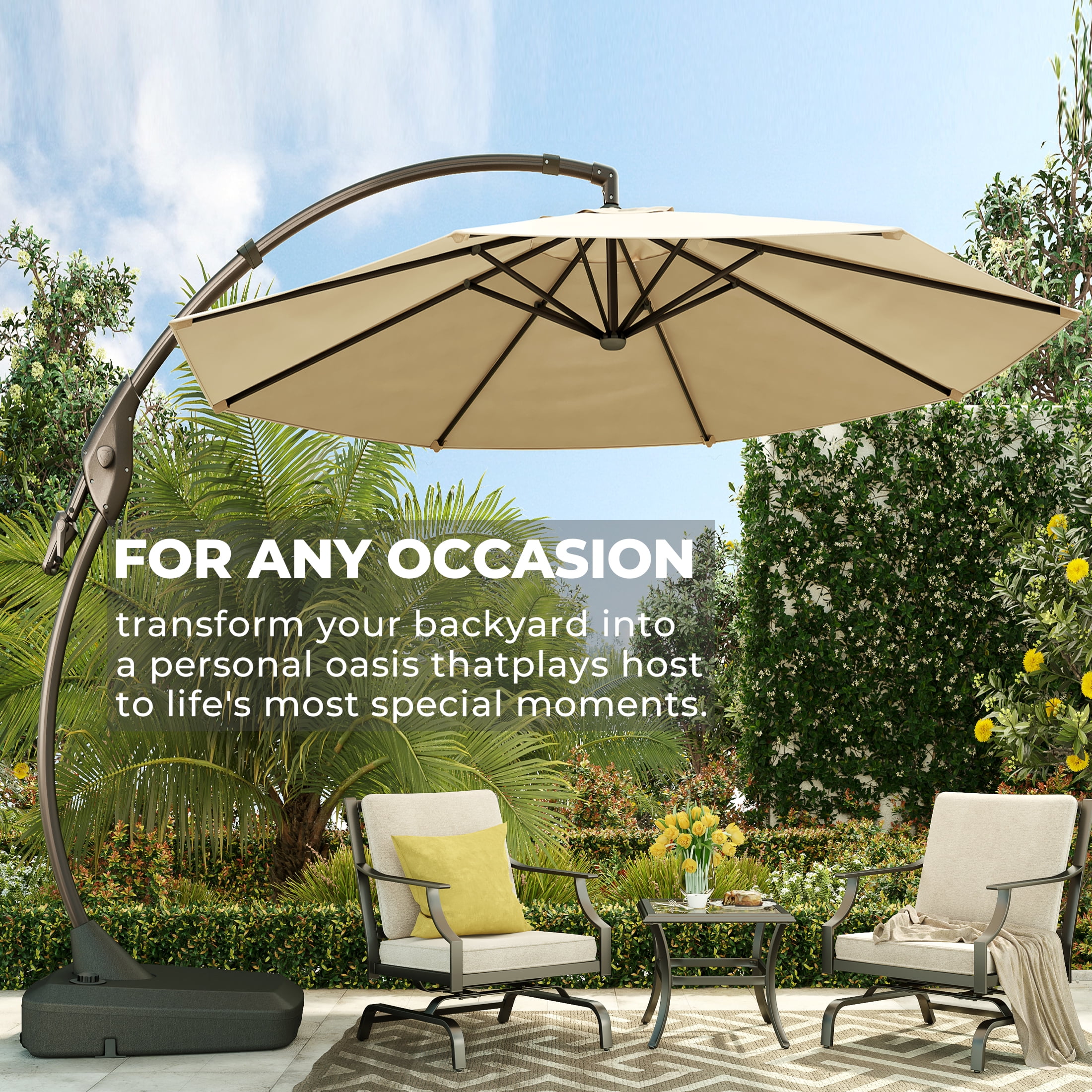 GRANDPATIO 12 ft Deluxe Curvy Aluminum Cantilever Octagon Umbrella(Champagne, with Base, 12' Diameter)