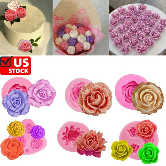 6PCS 3D Bloom Rose Flower Fondant Silicone Molds For Candle Soap Making Cake Decorating Candy Chocolate Gum Paste Polymer Clay Set