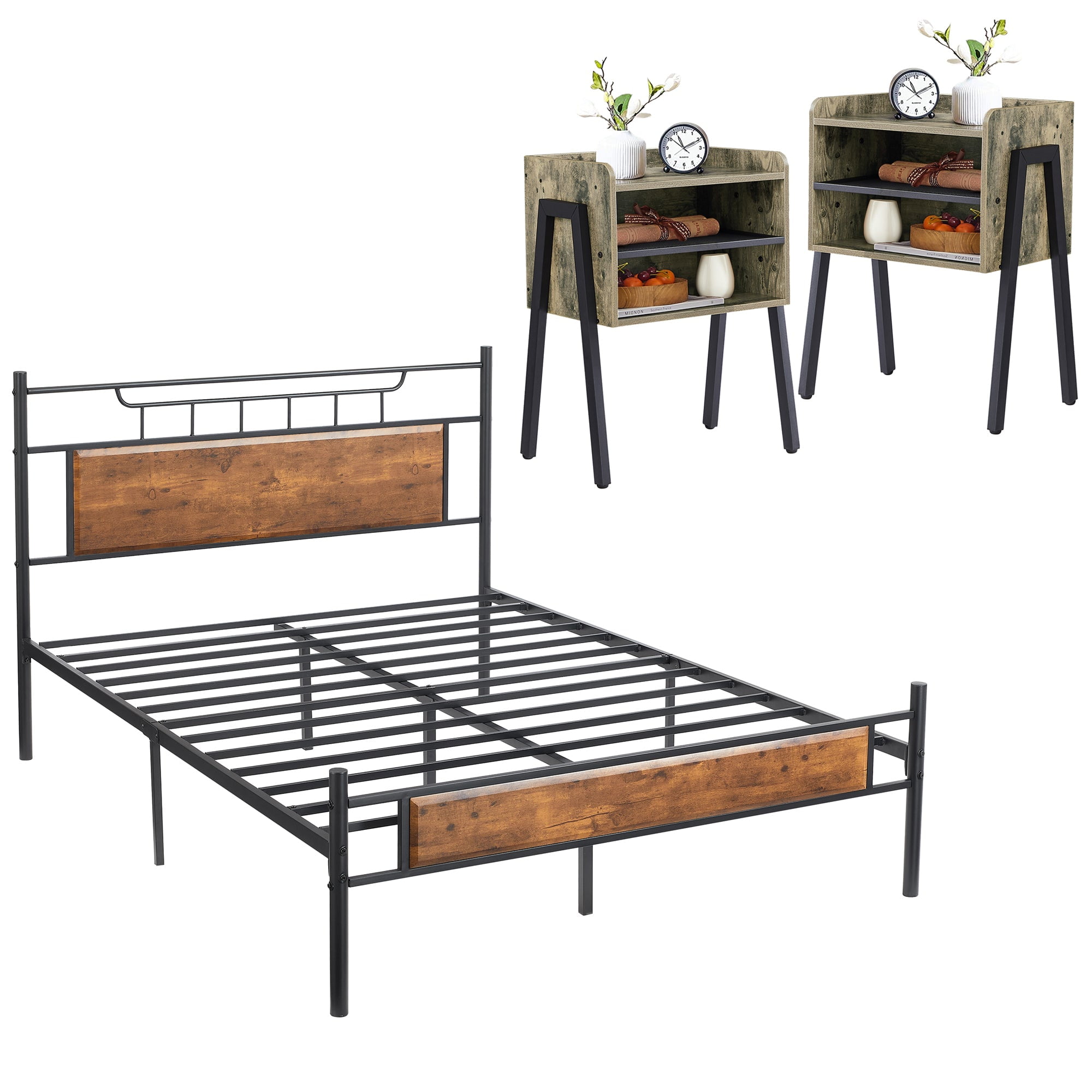 VECELO 3Piece Bedroom Sets with Full Bed Frame and 2 Gray Nightstand