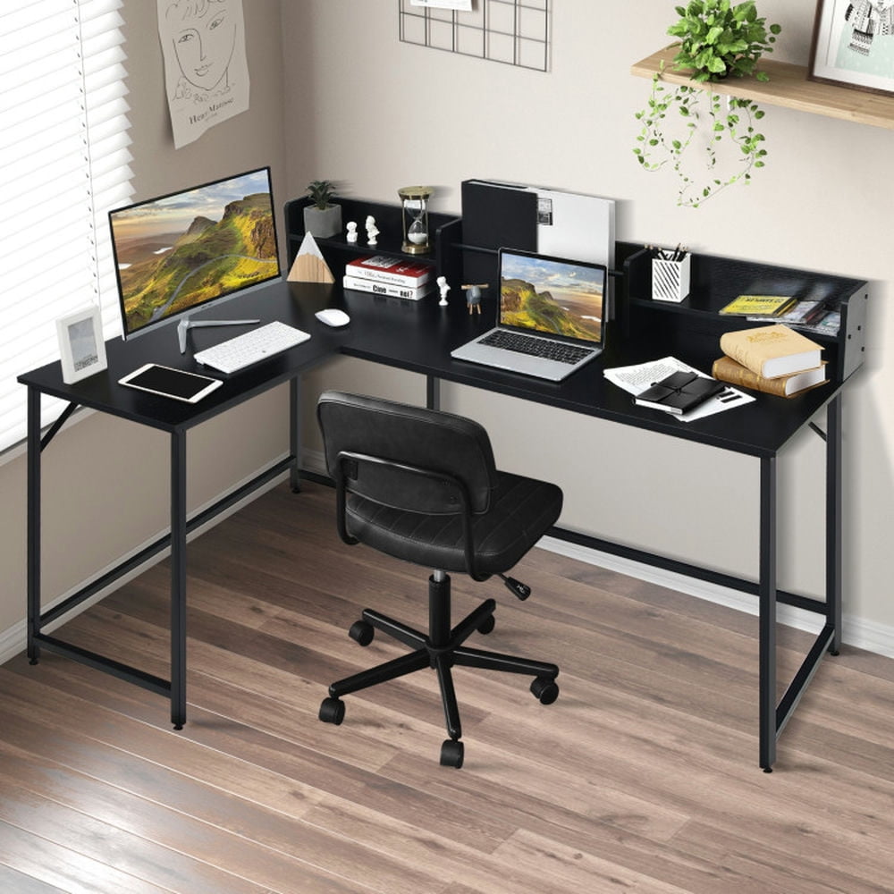 Demi Bonn 5.5" L-shaped Computer Desk with Bookshelf, Small Home Office Desk Study Writing Table, Black