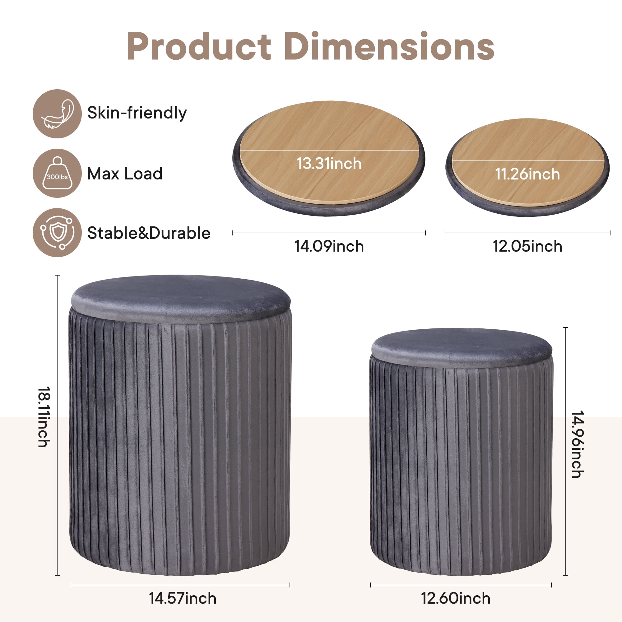 CONCETTA Set of 2 Round Storage Ottomans, Vanity Stools with Hidden Storage for Bedroom, Living Room or Coffee Table Use, Gray