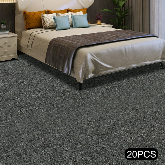 20pcs Set Dark Grey Interlocking Carpet Tiles 50x50cm, 5.5mm Thick, Durable Polypropylene Fiber & Asphalt, Easy DIY Cut & Adhesive Installation, 53.82ft² Coverage