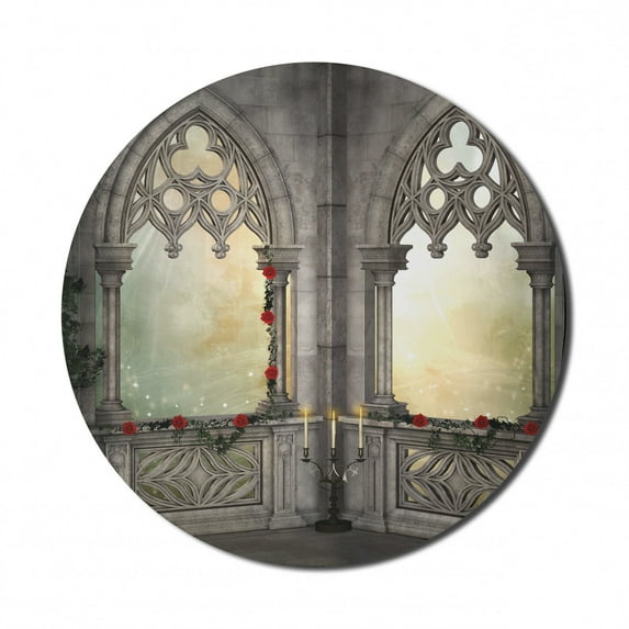 Gothic Mouse Pad for Computers, Vintage Style Ottoman Palace Balcony for Sultans Red Rose Flowers Ivy Terrace Image, Round Non-Slip Thick Rubber Modern Gaming Mousepad, 8" Round, Beige, by Ambesonne