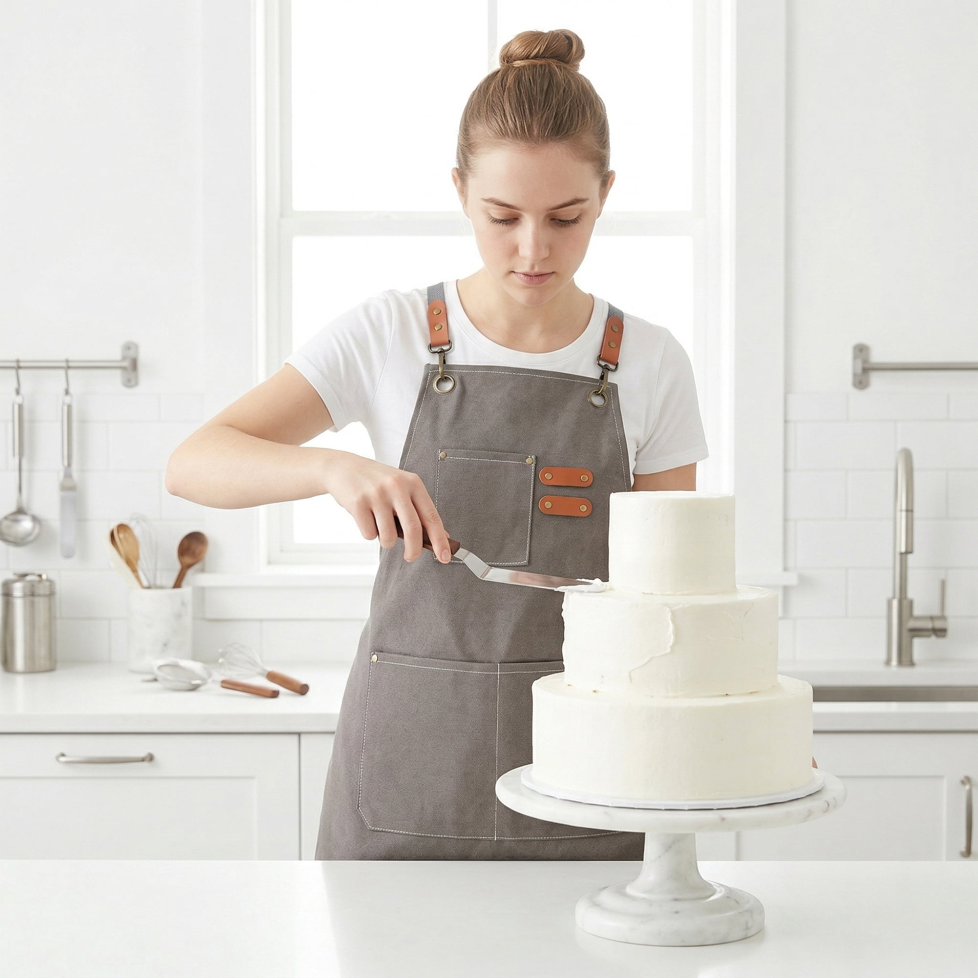 Unique Bargains Adjustable Long Waist Kitchen Apron with Pockets for People Gray