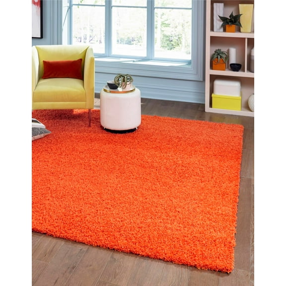 Rugs.com Solid Shag Collection Rug – 8 Ft Square Tiger Orange Shag Rug Perfect For Living Rooms, Kitchens, Entryways