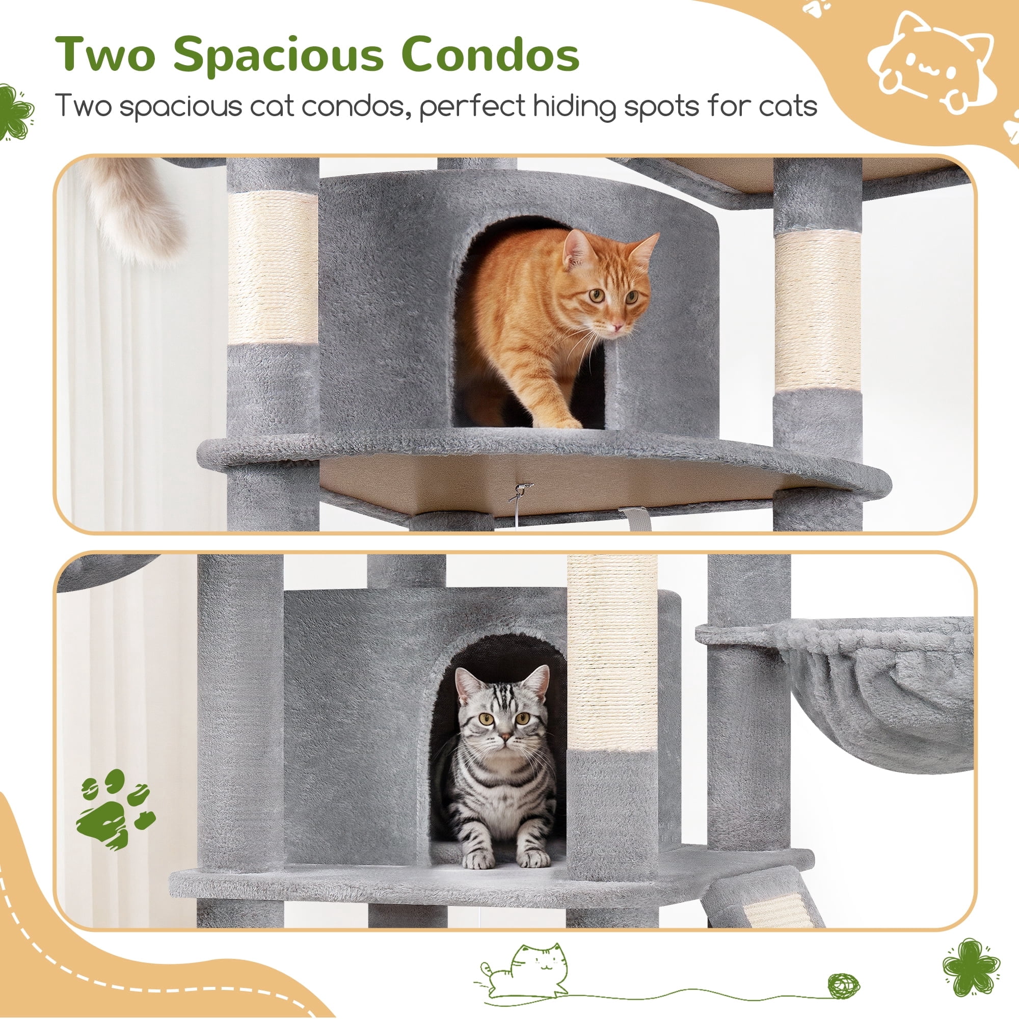 Globlazer 80in Heavy Duty Cat Tree for Large Cats, Multi-Level Cat Furniture Activity Center with 2 Condos, 2 Hammocks, 3 Perches & Sisal Scratching Posts，Light Grey