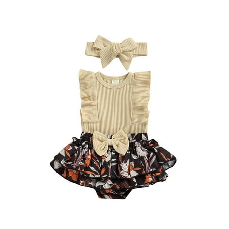 

ZIYIXIN Summer Infant Baby Girls Outfits Ruffle Sleeveless Romper + Floral Printed Tutu Shorts + Headband Set Apricot 3-6 Months