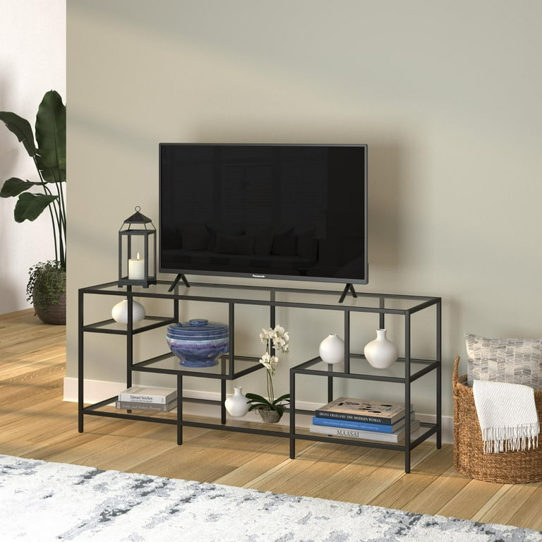 Metal tv stand with glass shelves discount