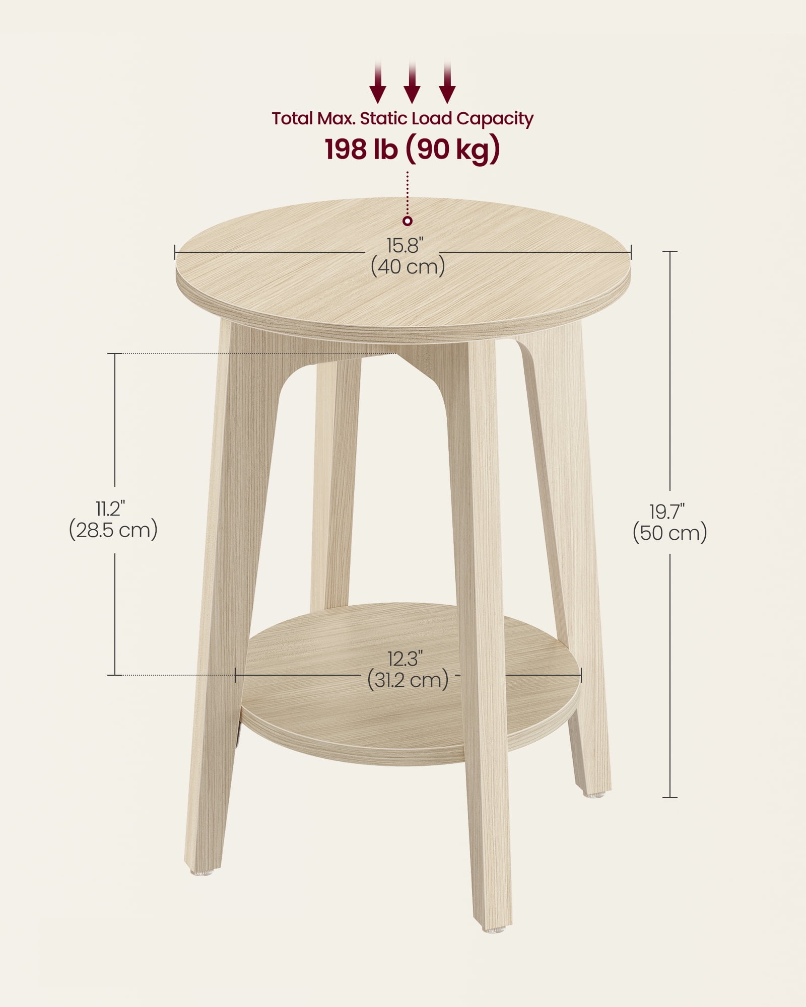 Natural Beige Small Round End Table. Features a Lower Shelf, Perfect as a Nightstand for Small Spaces in Living Rooms or Bedrooms.
