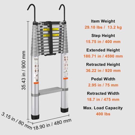 Telescoping Ladder Aluminum Extension Step 15 ft Multi-purpose Portable