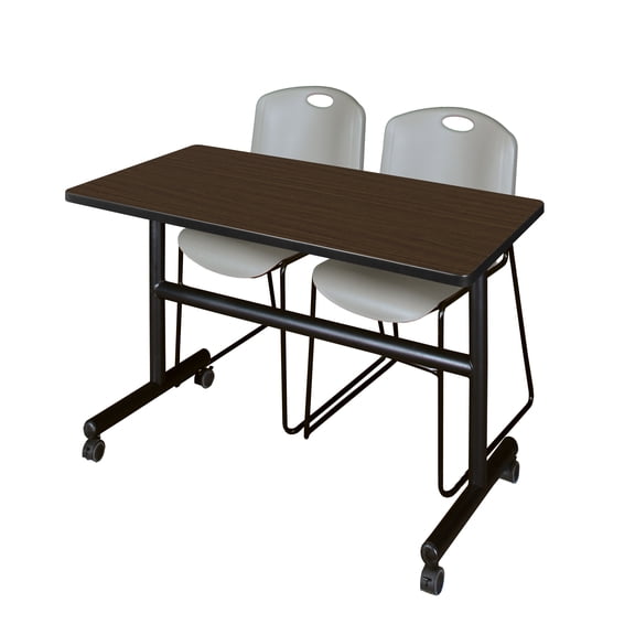 Regency Kobe 48x24" Flip-Top Nesting Table- Neo Walnut/2 Zeng Stack Chairs- Grey