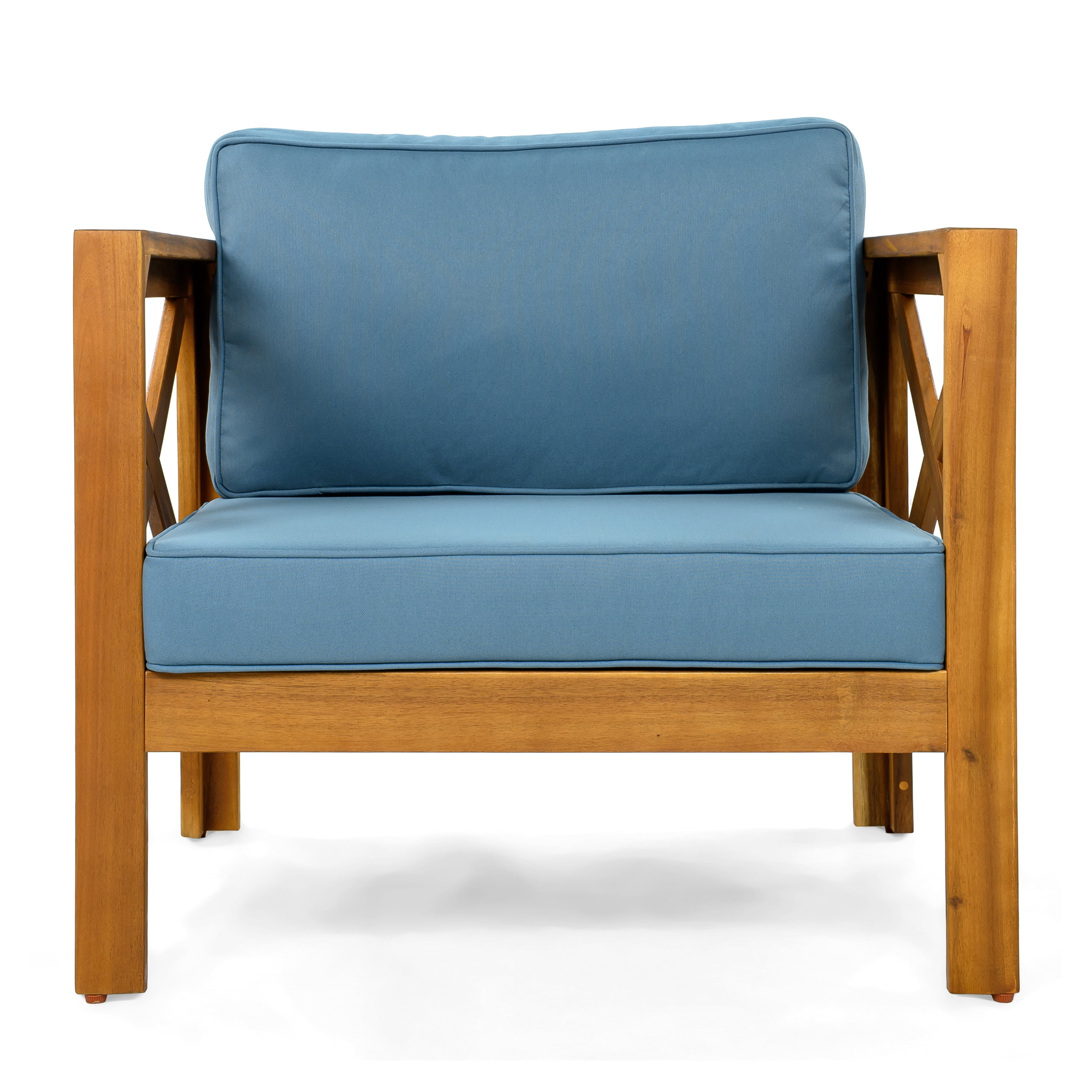 Wooden Armchair Set of 2, Outdoor Acacia Wood Club Chair with Cushions for Patio Garden, Teak and Blue