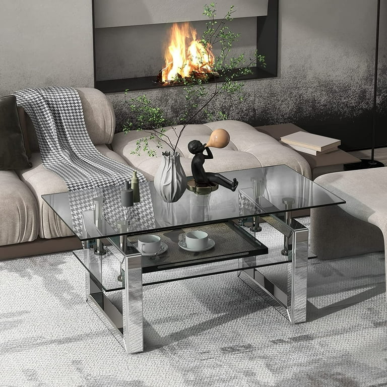 IKIFLY Mirrored Coffee Table with 2 Tier Glass Boards & Sturdy MDF Legs, Clear Rectangle Glass End Table Coffee Tea Table for Home Office IKIFLY Mirrored Coffee Table with 2 Tier Glass Boards & Sturdy MDF Legs, Clear Rectangle Glass End Table Coffee Tea Table for Home Office