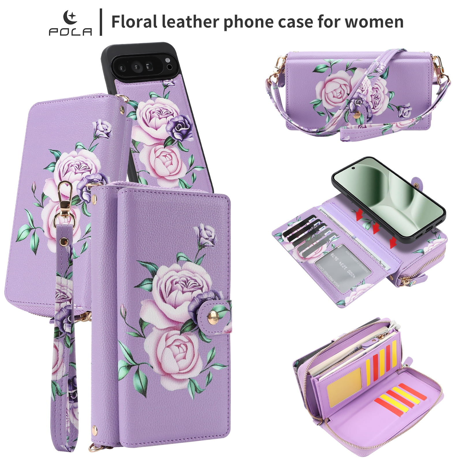 TECH CIRCLE 2-in-1 Wallet Case for Google Pixel 10 / 10 Pro (6.3", 2025), Detachable Magnetic Back Cover, Flip Flower Phone Case with 15 Card Slot, Zipper Pocket, Crossbody Strap, Wrist Strap, Purple