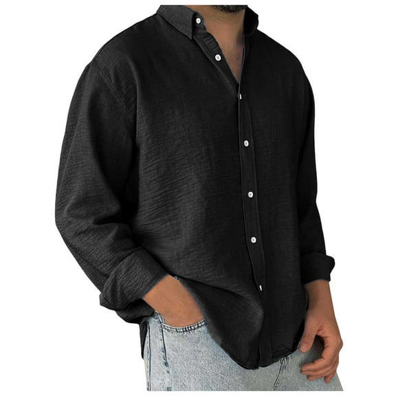 JTieacloth Mens Dress Shirts Men's Wash Button Long Sleeve Shirt Solid Color Comfortable And Generous Black