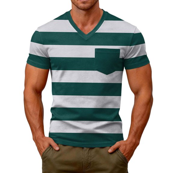 WAYUTE T Shirts for Men V Neck Short Sleeve Patchwork Color Striped Printed Stretch Fit Tee Tops with Front Pocket Beach Casual Outdoor Tshirts