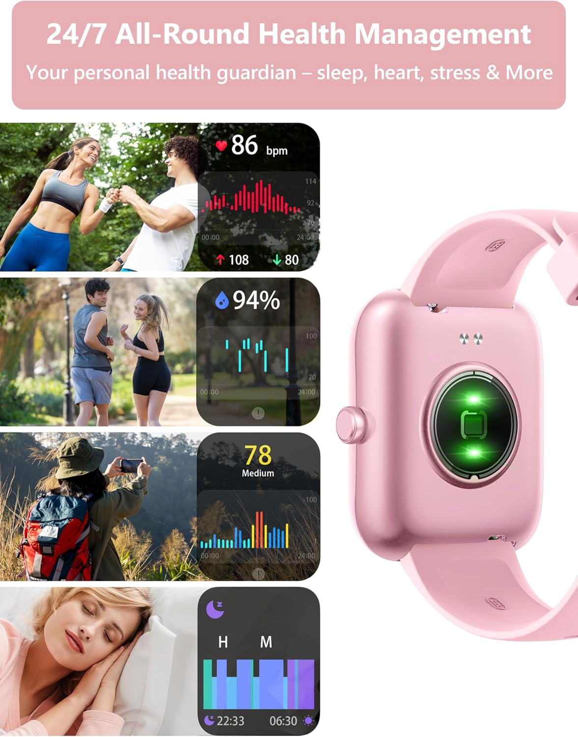 Smart Watch Women [2 Bands, 44mm case] 1.83" Alexa Fitness Tracker, Heart Rate, Sleep, Stress Monitor, IP68 Waterproof , Make/Answer Calls, Compatible with iPhone & Android Phones