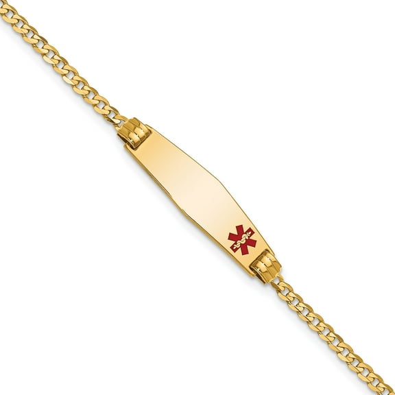 10K Yellow Gold Medical Soft Diamond Shape Red Enamel Curb Link Id Bracelet (Width 7.5) (Length 7) - Jbsp