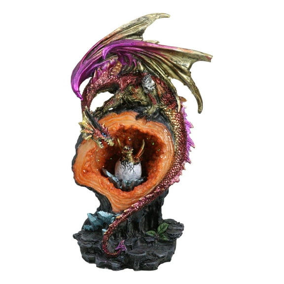 Pink Gold Dragon On Faux Crystal Orange Rock Geode With Hatchling Egg Figurine