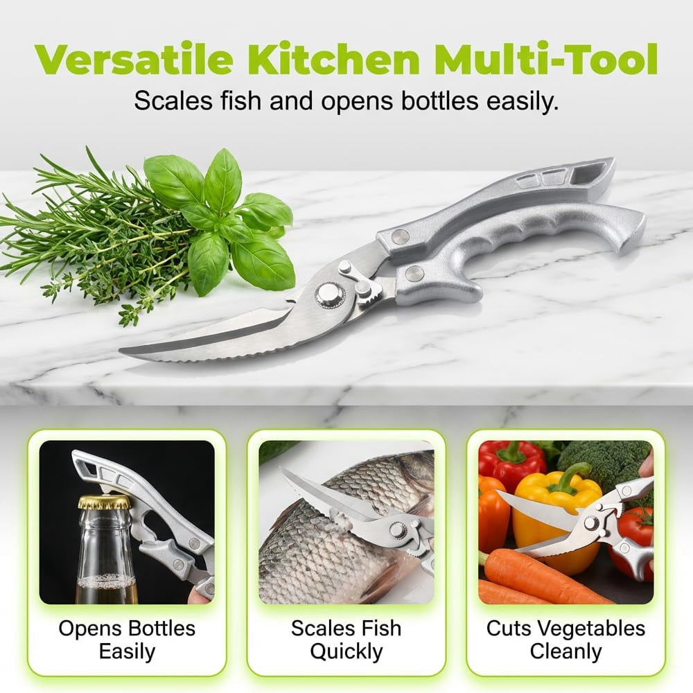 Multi-Purpose Kitchen Shears, 2026 Upgraded Heavy Duty Stainless Steel Kitchen Scissors, with Spring Loaded Handle, Stainless Steel Bone Cut Kitchen Scissors Poultry Shears