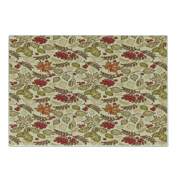 Rowan Cutting Board, Fall Season Themed Mixed Pattern with Maple Birch Oak Autumn Leaves and Ashberries, Decorative Tempered Glass Cutting and Serving Board, Small Size, Multicolor, by Ambesonne
