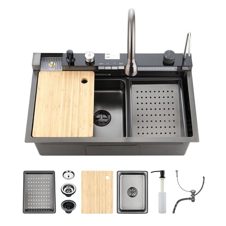 Cobbe Nano gray All-In-One 29.5 inches Stainless Steel, Multifunctional Drop-in Single Bowl Workstation Kitchen Sink Kit with Accessories