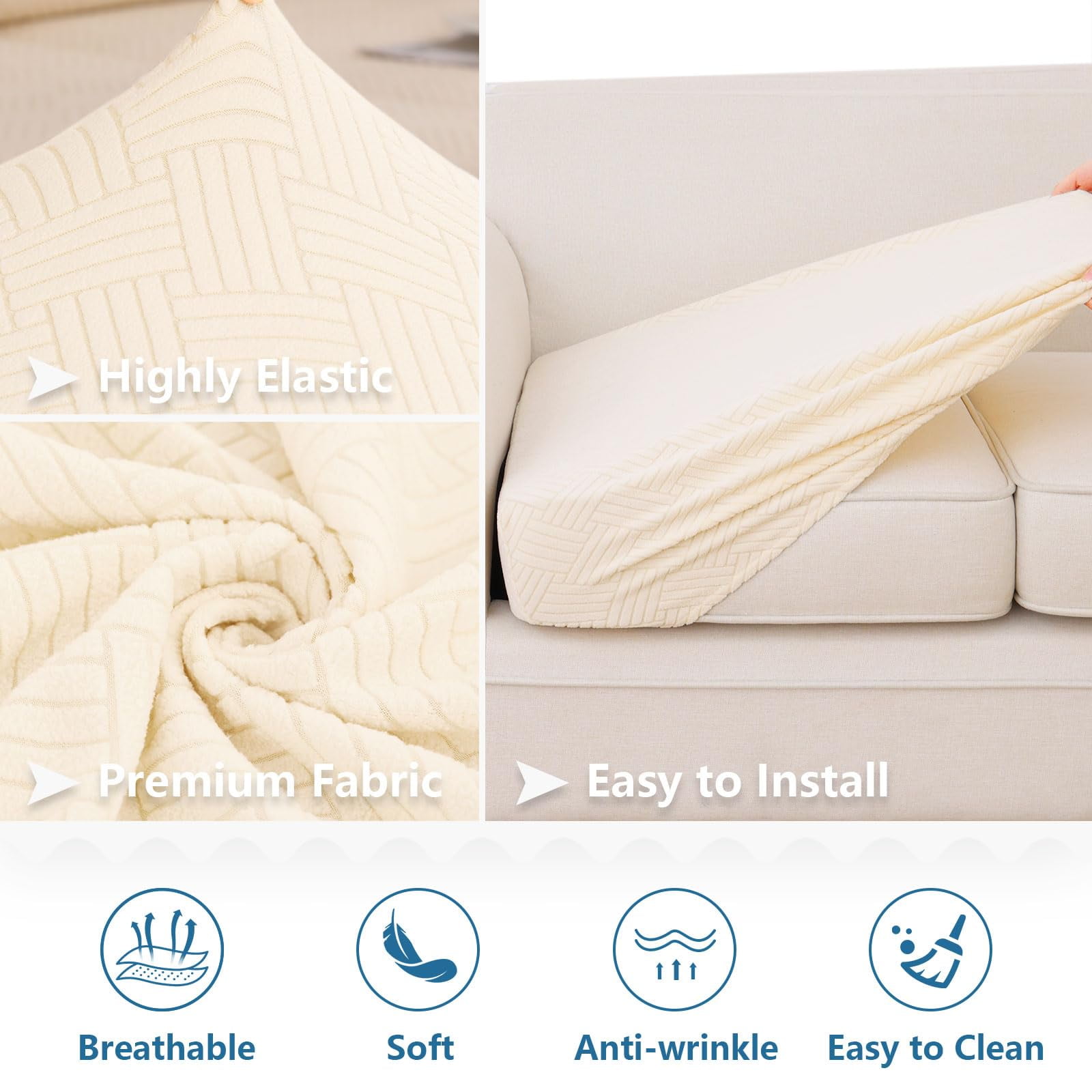Smiry Waterproof Sofa Seat Cushion Covers, Stretch Couch Cushion Slipcovers, Fitted Jacquard Furniture Protector for Pets, Kid (3PC, Beige)