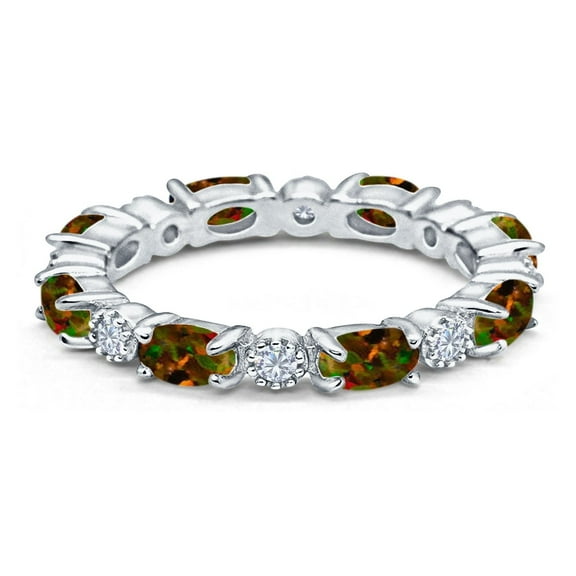 Full Eternity Stackable Band Ring Oval Lab Created Black Opal 925 Sterling Silver Size 4