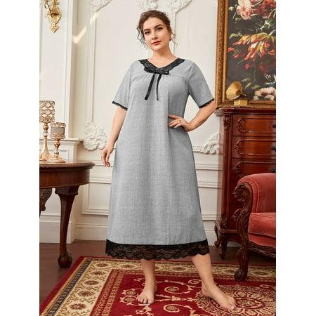 

Grey Cute Women s Plus Contrast Lace Scallop Trim Bow Front Sleep Dress 5XL(22) Y22001D