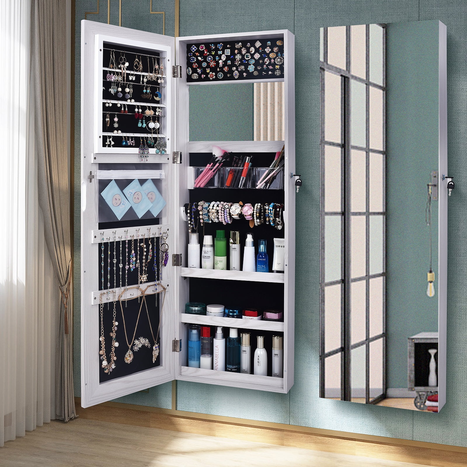 Private Jungle Retro PVC Wood Grain Coating Whole Body Mirror Decoration Storage Dressing Mirror Jewelry Mirror Cabinet,White