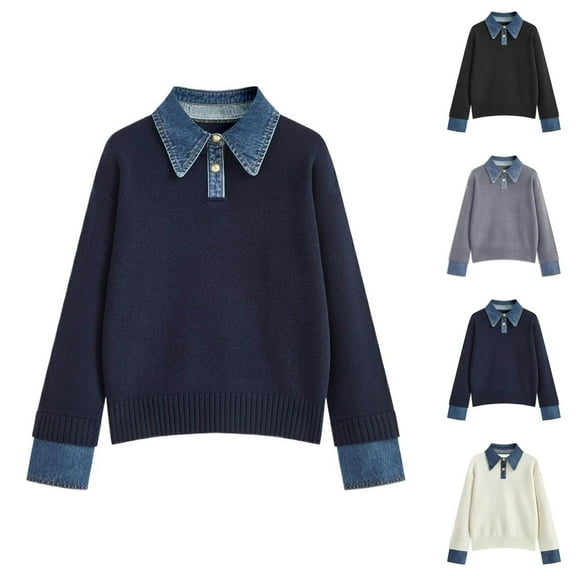 Women's Clothing Long Sleeve Pullover Knit Sweaters Business Casual Office Outfit Women's Pullover Sweater Casual Loose Knit Top Collar Denim Trim Elegant Versatile Shirt Style Comfortable Soft Yarn