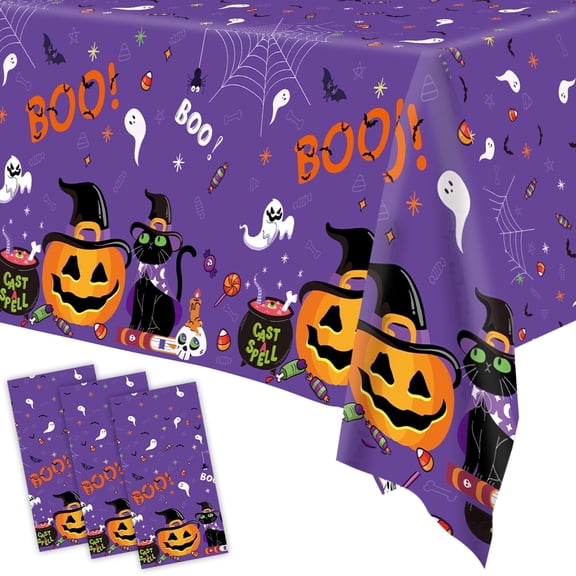 Wowhub 3 Pack Halloween Disposable Tablecloths, 54 x 108 Inch Halloween Boo Theme Plastic Disposable for Rectangle Tables Halloween Supplies, Purple