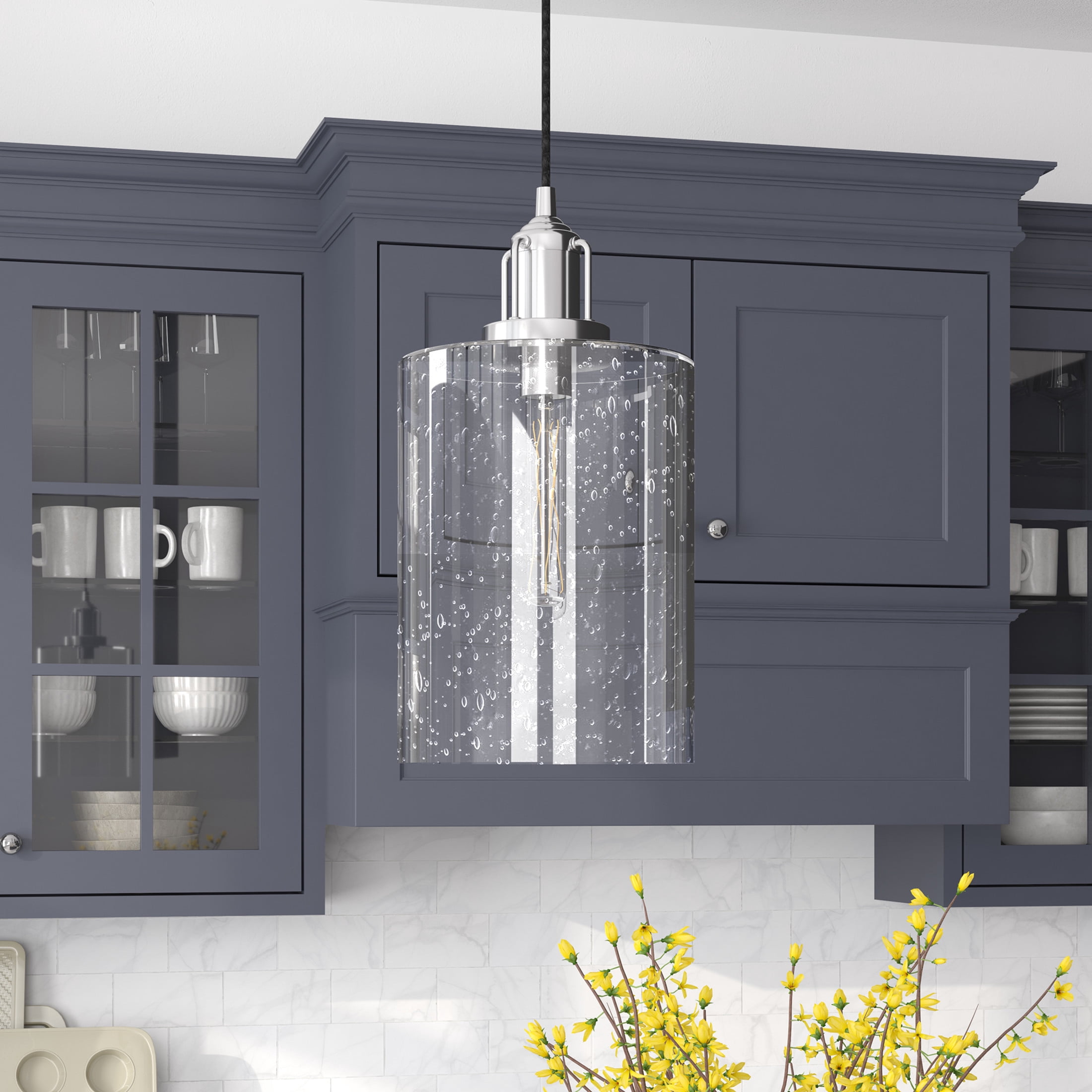 Evelyn&Zoe 7" Polished Nickel Metal/Glass Pendant
