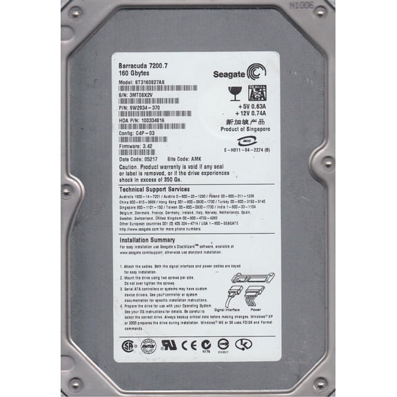 ST3160827AS, 3MT, AMK, PN 9W2934-370, FW 3.42, Seagate 160GB SATA 3.5 Hard Drive