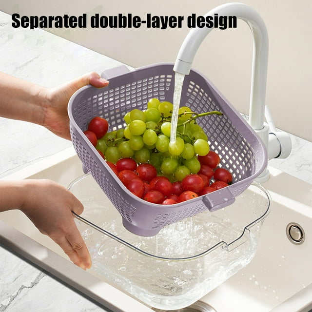 Cesta de colador de cocina de doble capa con tapa | Colador portátil de plástico para lavar frutas y verduras | Mangos dobles | Contenedor de almacenamiento de alimentos | Apto para lavavajillas