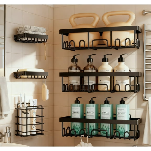 Adhesive Shower Caddy 6 Pack , Rustproof & Waterproof Bath Organizers with Soap Holder, Large Capacity Bathroom Organizers and Storage, Wall-Mounted Kitchen & Home Decor